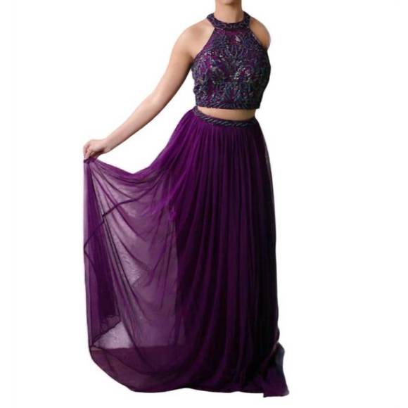 NEW ZASA CHIC embellished crop top two piece gown in plum